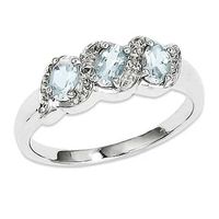 Oval Aquamarine and Diamond Accent Three Stone Ring in Sterling Silver - Size 7|Peoples Jewellers
