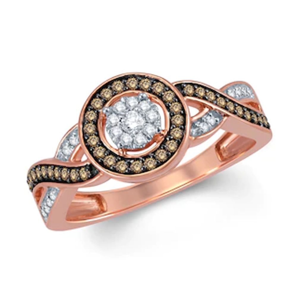 0.25 CT. T.W. Champagne and White Diamond Frame Cluster Twist Ring in 10K Rose Gold|Peoples Jewellers