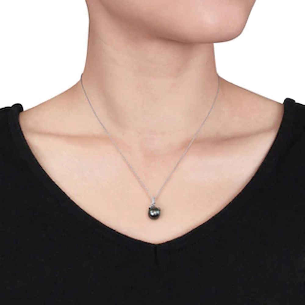 8.0-8.5mm Black Tahitian Cultured Pearl and Diamond Accent Swirl Pendant in 10K White Gold-17"|Peoples Jewellers