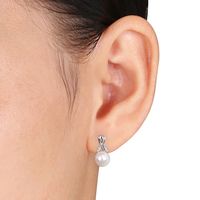7.5-8.0mm Freshwater Cultured Pearl and Diamond Accent Drop Earrings in 10K White Gold|Peoples Jewellers