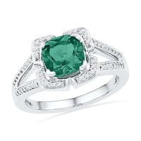 7.0mm Cushion-Cut Lab-Created Emerald and 0.12 CT. T.W. Diamond Frame Ring in Sterling Silver|Peoples Jewellers