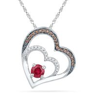 5.0mm Lab-Created Ruby and 0.20 CT. T.W. Champagne and White Diamond Double Heart Pendant in Sterling Silver|Peoples Jewellers