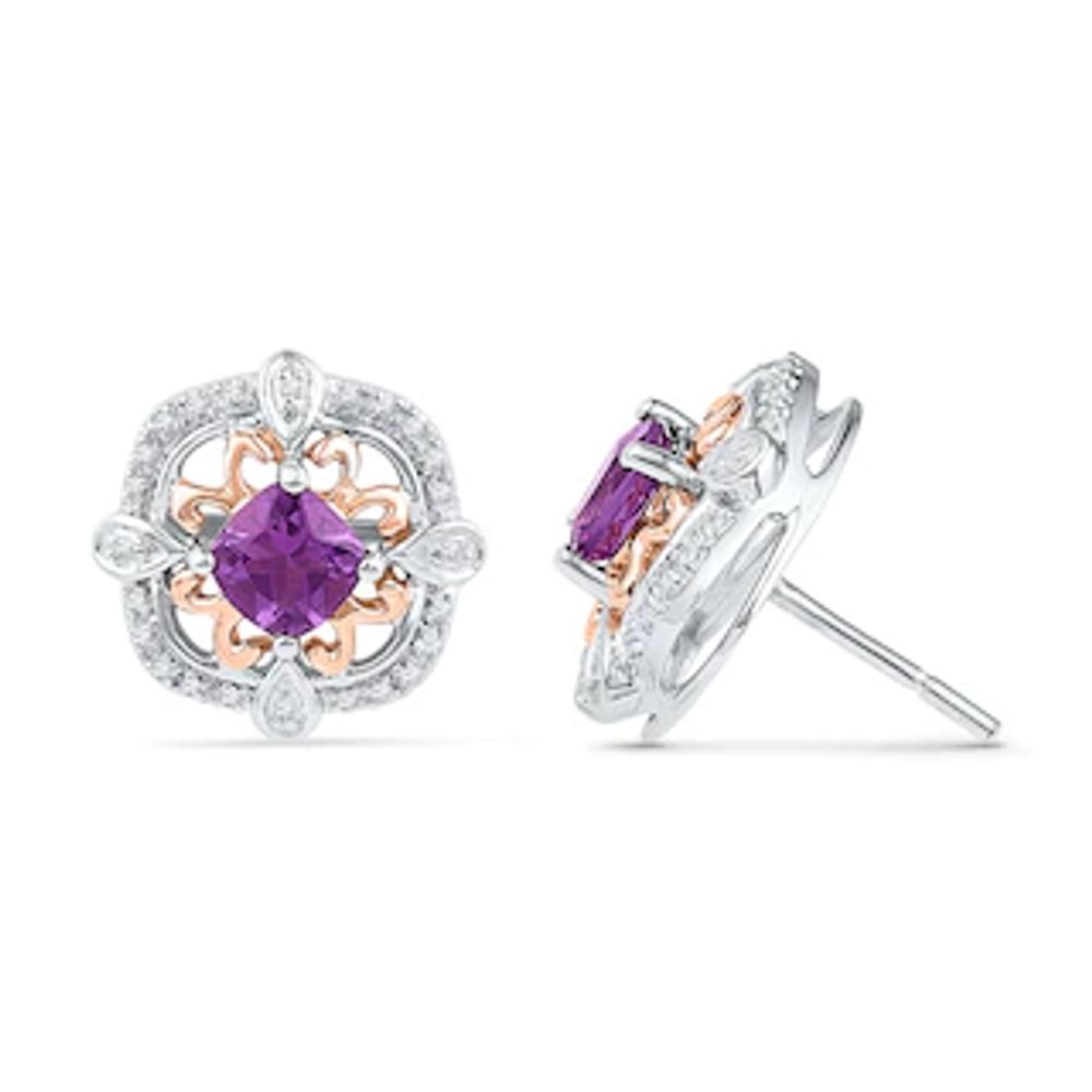 5.2mm Cushion-Cut Amethyst and 0.16 CT. T.W. Diamond Stud Earrings in Sterling Silver and 10K Rose Gold|Peoples Jewellers