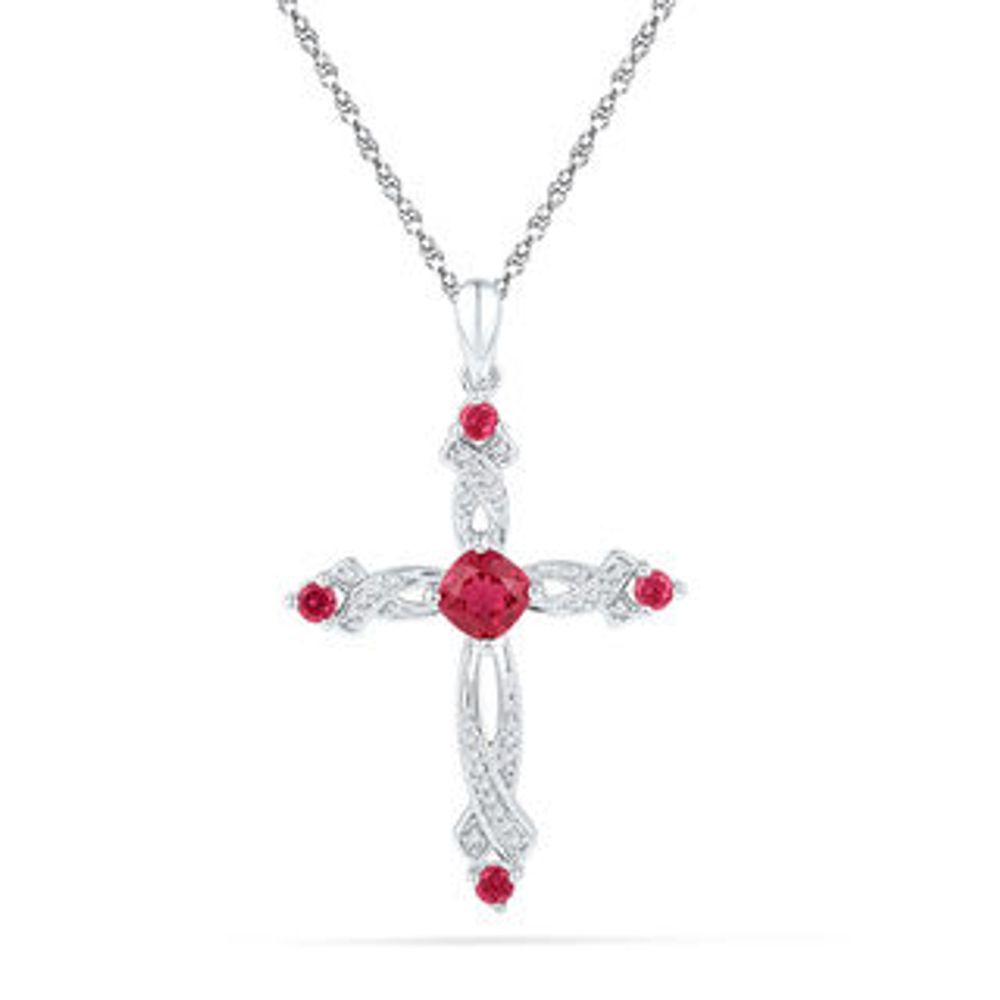 5.0mm Cushion-Cut Lab-Created Ruby and 0.12 CT. T.W. Diamond Cross Pendant in Sterling Silver|Peoples Jewellers