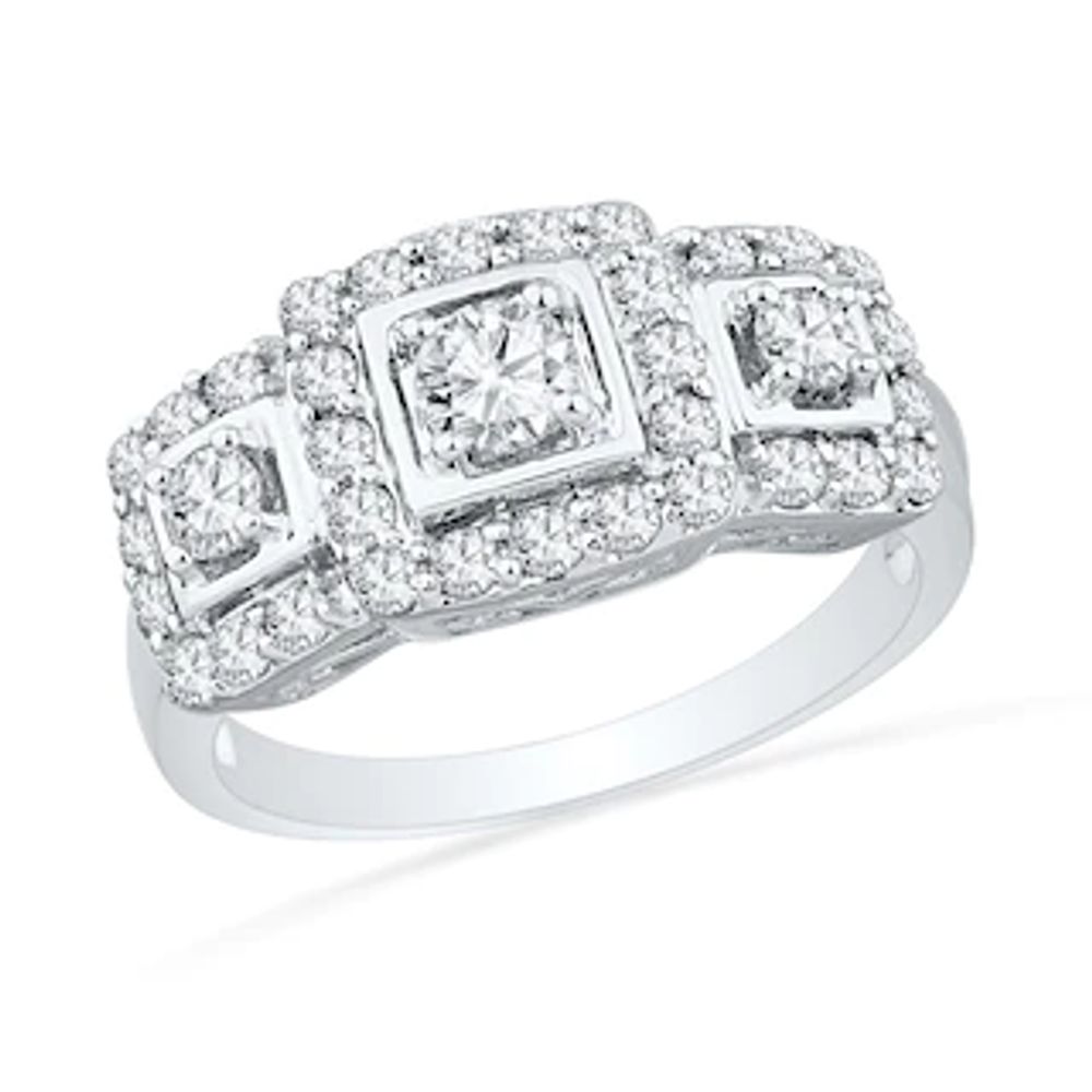 Lab-Created White Sapphire Square Frame Three Stone Ring in Sterling Silver|Peoples Jewellers