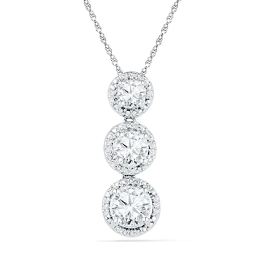 Lab-Created White Sapphire and Diamond Accent Three Stone Frame Pendant in Sterling Silver|Peoples Jewellers