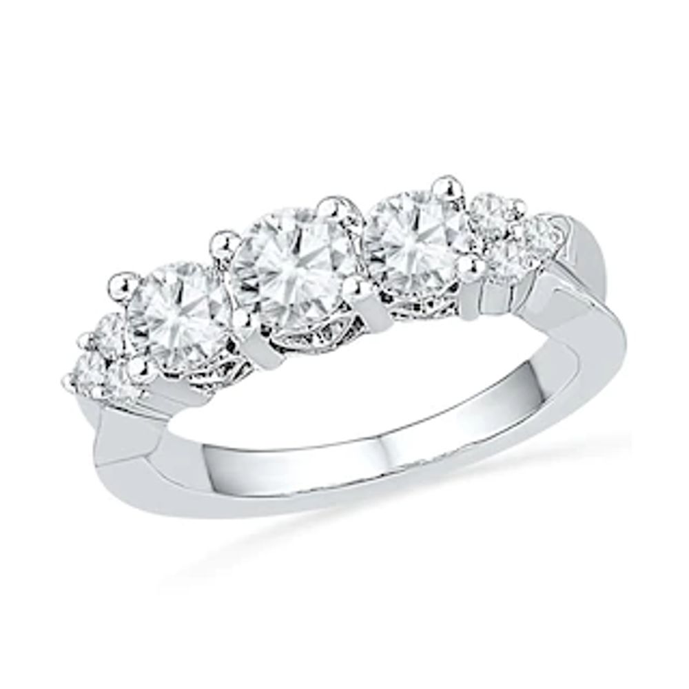 Lab-Created White Sapphire and 0.12 CT. T.W. Diamond Three Stone Ring in Sterling Silver|Peoples Jewellers