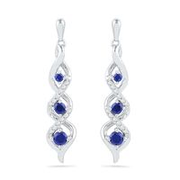 Lab-Created Blue Sapphire and 0.12 CT. T.W. Diamond Swirl Three Stone Drop Earrings in Sterling Silver|Peoples Jewellers