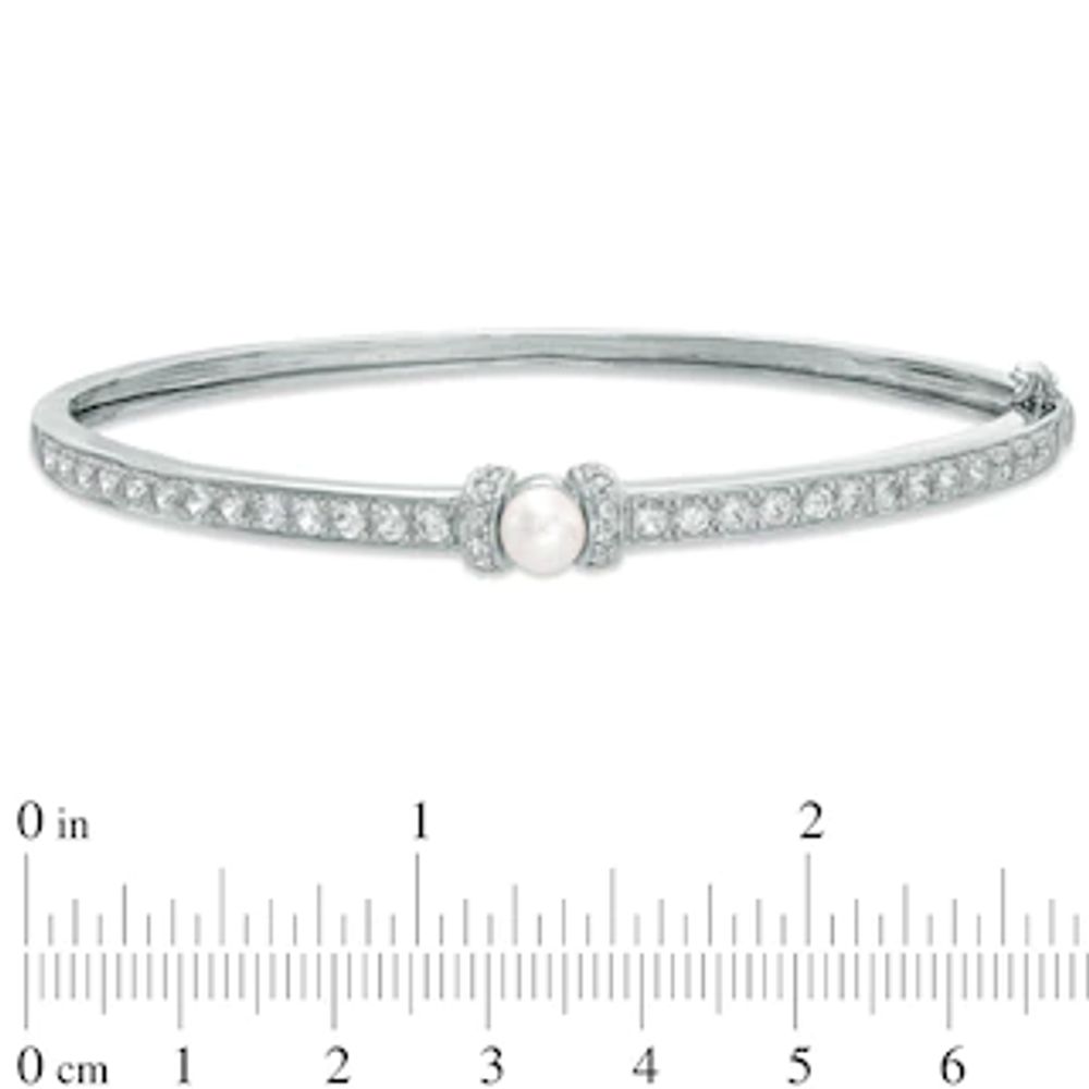 5.5-6.0mm Freshwater Cultured Pearl and Lab-Created White Sapphire Bangle in Sterling Silver-7.25"|Peoples Jewellers