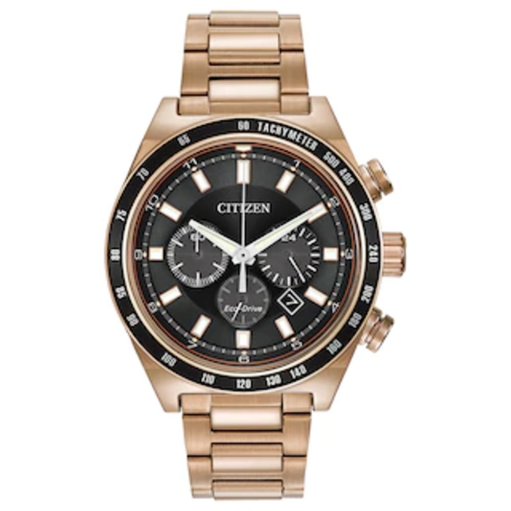 Men's Citizen Eco-Drive® Brycen Chronograph Rose-Tone Watch with Black Dial (Model: CA4203-54E)|Peoples Jewellers