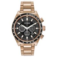 Men's Citizen Eco-Drive® Brycen Chronograph Rose-Tone Watch with Black Dial (Model: CA4203-54E)|Peoples Jewellers