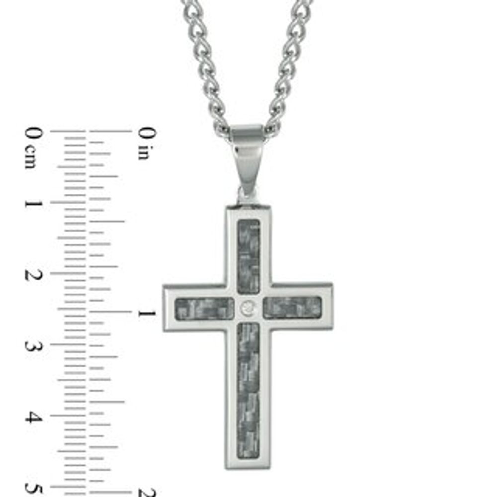 Men's Diamond Accent and Grey Carbon fibre Stacked Cross Pendant in Stainless Steel - 24"|Peoples Jewellers