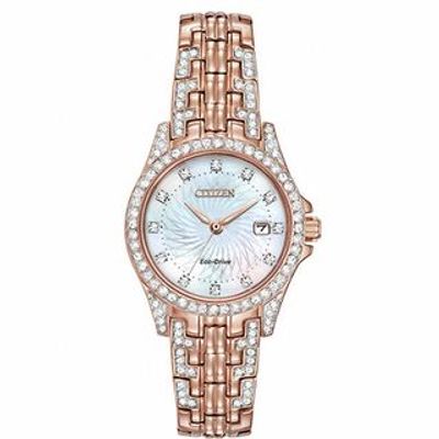 Ladies' Citizen Eco-Drive® Silhouette Crystal Accent Rose-Tone Watch with Mother-of-Pearl Dial (Model: EW1228-53D)|Peoples Jewellers