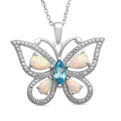 Blue Topaz, Lab-Created Opal and White Lab-Created Sapphire Butterfly Pendant in Sterling Silver|Peoples Jewellers