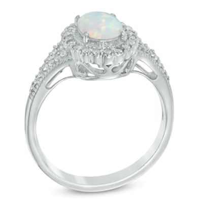 Oval Lab-Created Opal and White Lab-Created Sapphire Frame Vintage-Style Ring in Sterling Silver|Peoples Jewellers