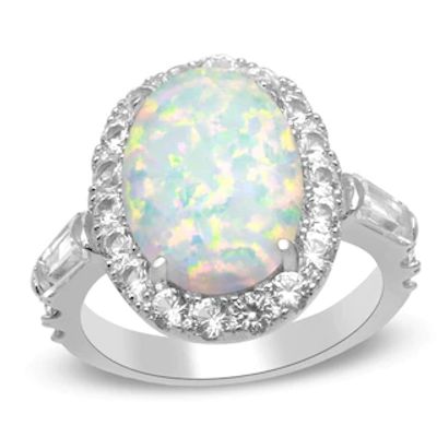 Oval Lab-Created Opal and White Sapphire Frame Ring in Sterling Silver|Peoples Jewellers