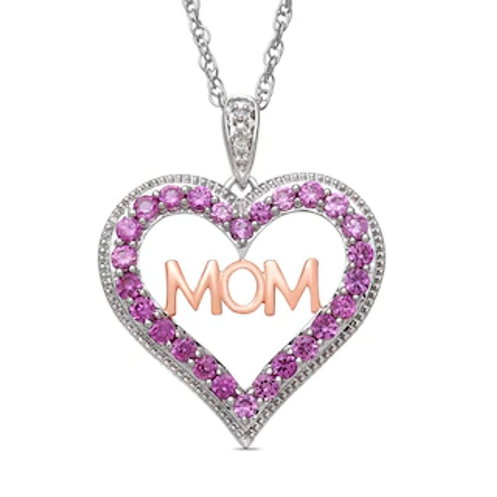Lab-Created Pink Sapphire and Diamond Accent "MOM" Heart Pendant in Sterling Silver with 14K Rose Gold Plate|Peoples Jewellers