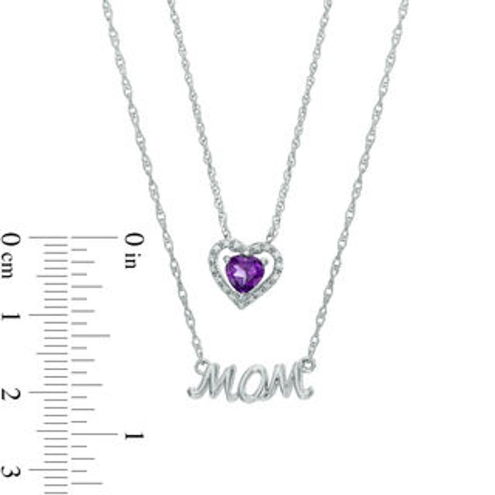 5.0mm Heart-Shaped Amethyst and Diamond Accent "MOM" Double Strand Necklace in Sterling Silver|Peoples Jewellers