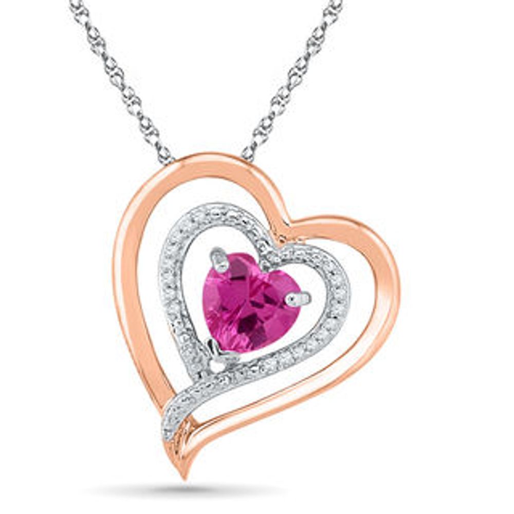 6.0mm Heart-Shaped Lab-Created Pink Sapphire and Diamond Accent Double Heart Pendant in 10K Two-Tone Gold|Peoples Jewellers