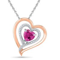 6.0mm Heart-Shaped Lab-Created Pink Sapphire and Diamond Accent Double Heart Pendant in 10K Two-Tone Gold|Peoples Jewellers