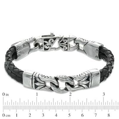 13.0mm Men's Black Leather and Stainless Steel Spartan Link Bracelet - 8.5"|Peoples Jewellers