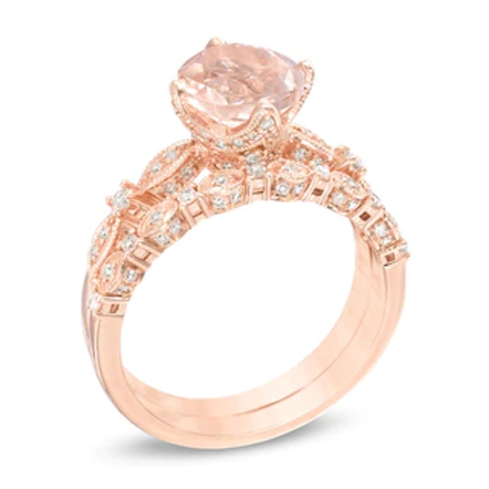 Morganite and 0.34 CT. T.W. Diamond Vintage-Style Bridal Set in 14K Rose Gold|Peoples Jewellers