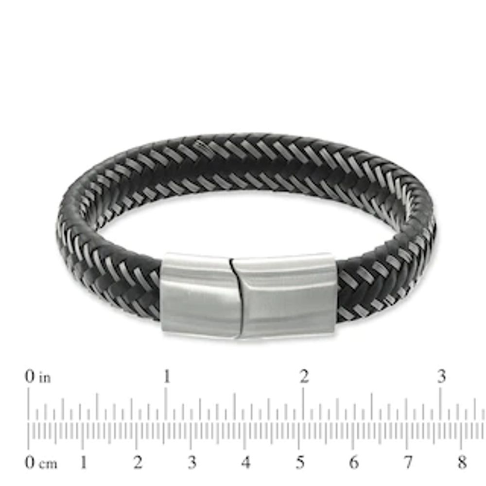 Men's 12.0mm Black Braided Leather and Stainless Steel Bracelet - 8.5"|Peoples Jewellers