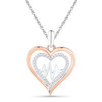 0.13 CT. T.W. Diamond Double Heart with Heartbeat Pendant in Sterling Silver and 10K Rose Gold|Peoples Jewellers