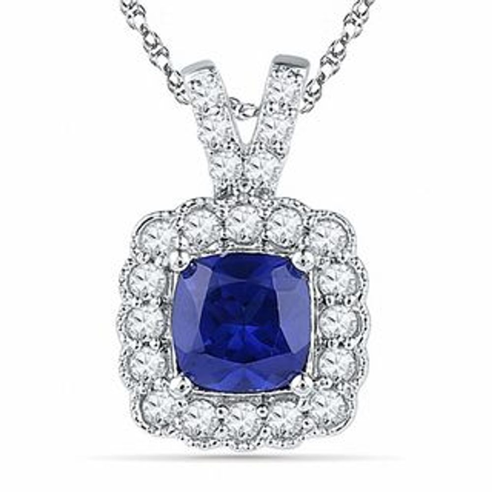 8.0mm Cushion-Cut Lab-Created Blue and White Sapphire Frame Pendant in Sterling Silver|Peoples Jewellers