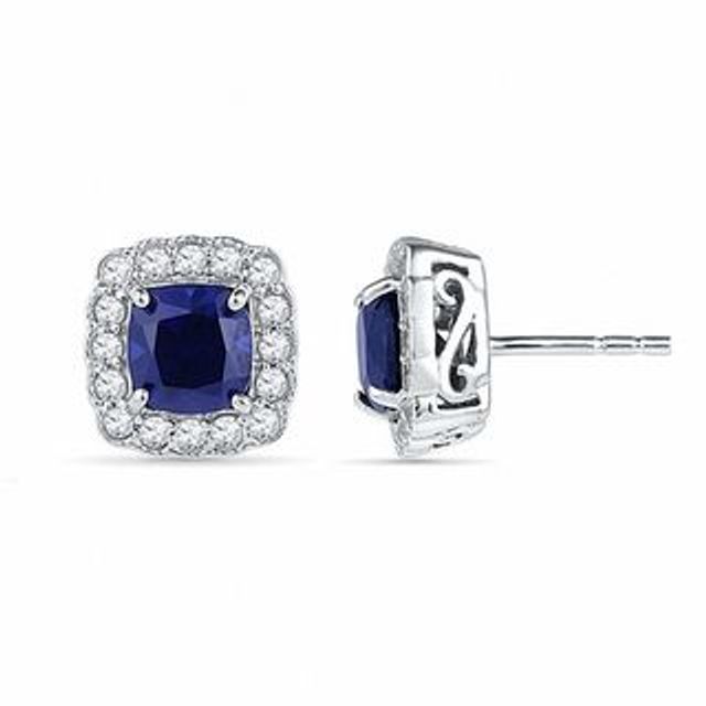 6.5mm Cushion-Cut Lab-Created Blue and White Sapphire Frame Stud Earrings in Sterling Silver|Peoples Jewellers