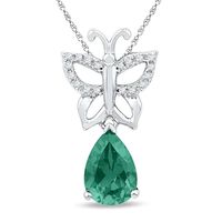 Pear-Shaped Lab-Created Emerald and Diamond Accent Butterfly Drop Pendant in Sterling Silver|Peoples Jewellers