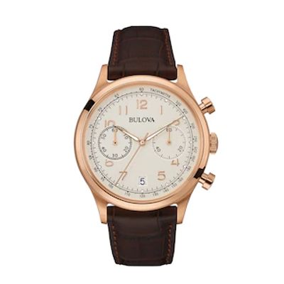Men's Bulova Chronograph Rose-Tone Strap Watch with Silver-Tone Dial (Model: 97B148)|Peoples Jewellers