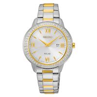 Ladies' Seiko Solar Crystal Accent Two-Tone Watch with Silver Dial (Model: SUT246)|Peoples Jewellers