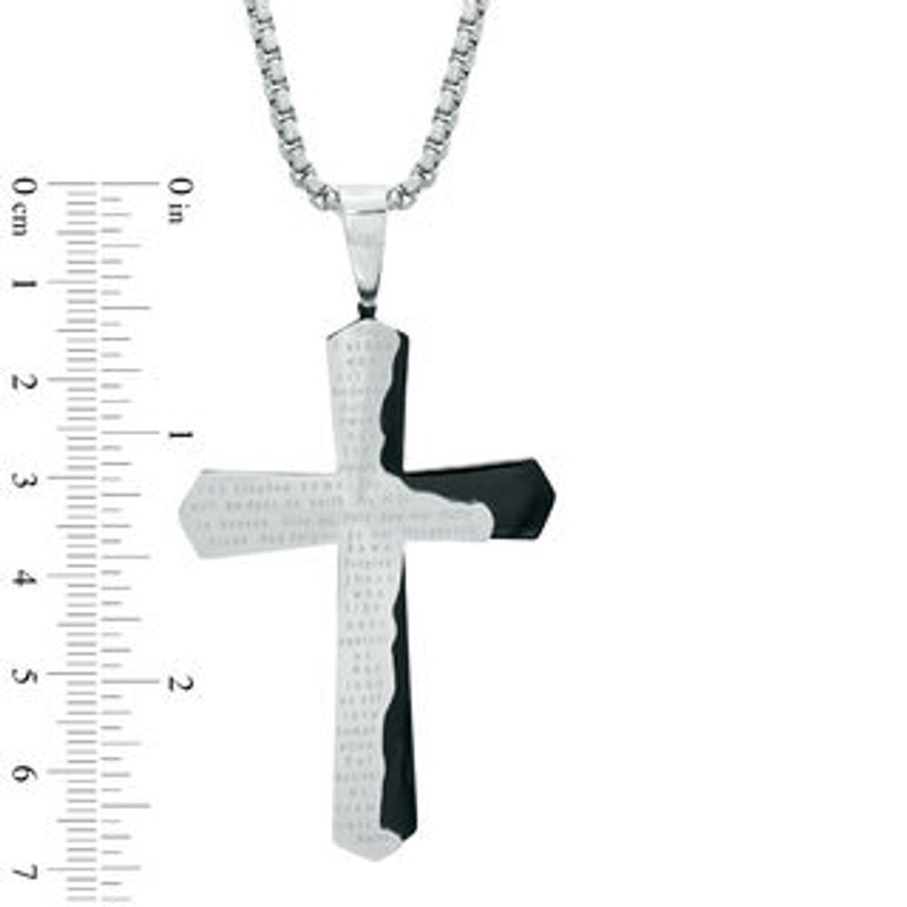 Men's Lord's Prayer Cross Pendant in Stainless Steel and Black IP - 24"|Peoples Jewellers