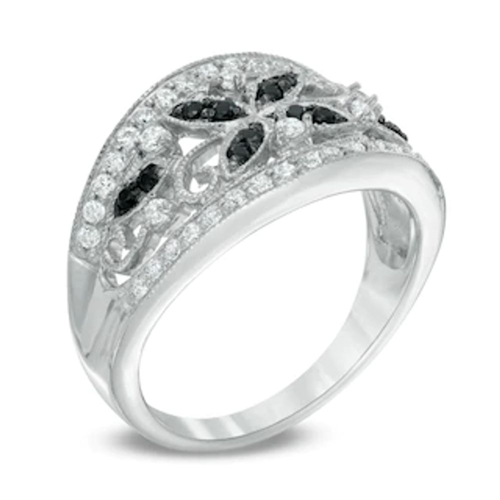 0.36 CT. T.W. Enhanced Black and White Diamond Vintage-Style Flower Ring in Sterling Silver|Peoples Jewellers