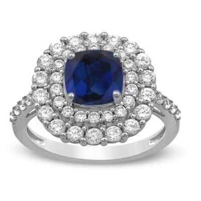 7.0mm Cushion-Cut Lab-Created Blue and White Sapphire Double Frame Ring in Sterling Silver|Peoples Jewellers