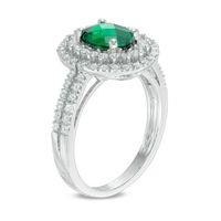 Oval Lab-Created Emerald and White Sapphire Frame Double Row Ring in Sterling Silver|Peoples Jewellers