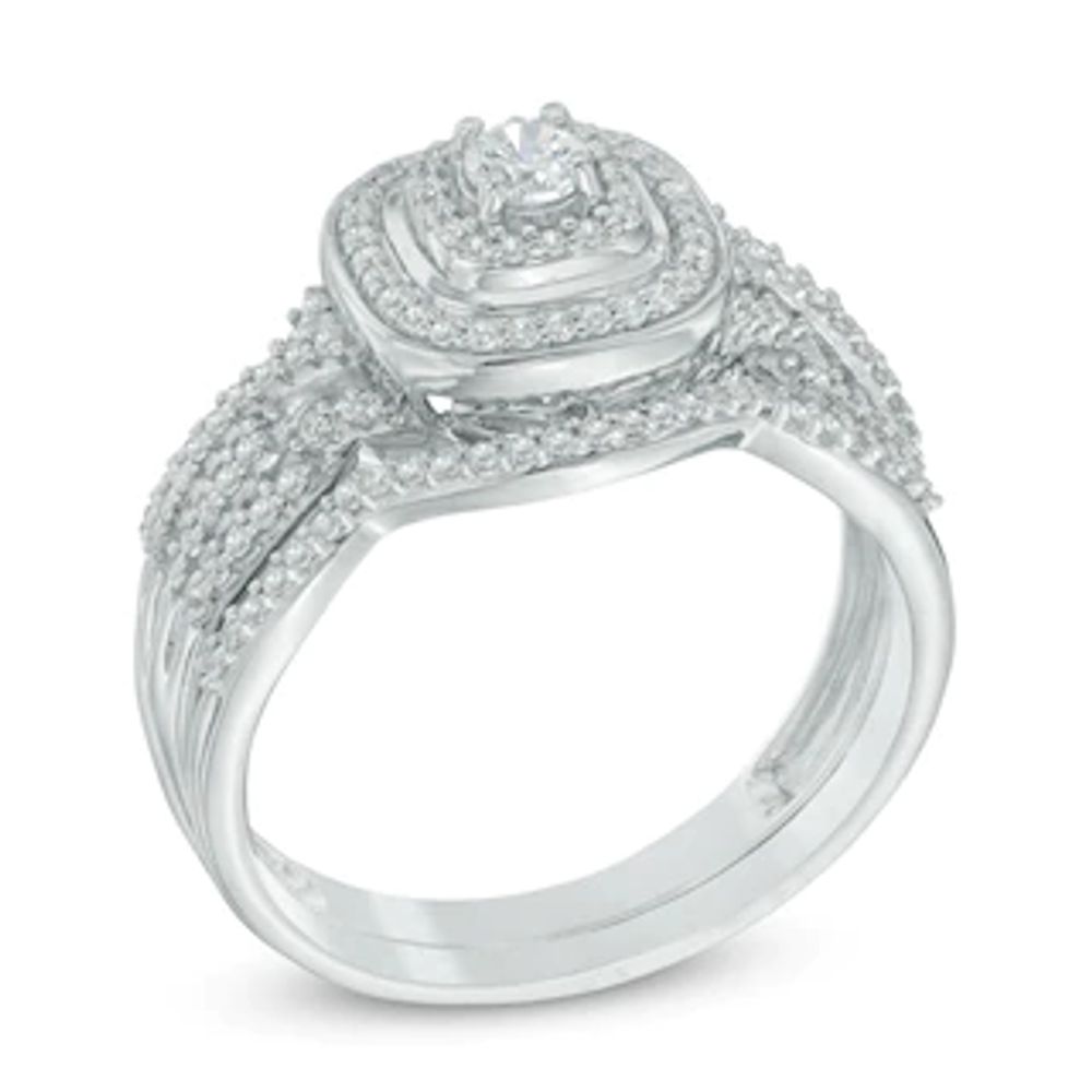 0.50 CT. T.W. Diamond Cushion Frame Twist Shank Bridal Set In 10K White Gold|Peoples Jewellers