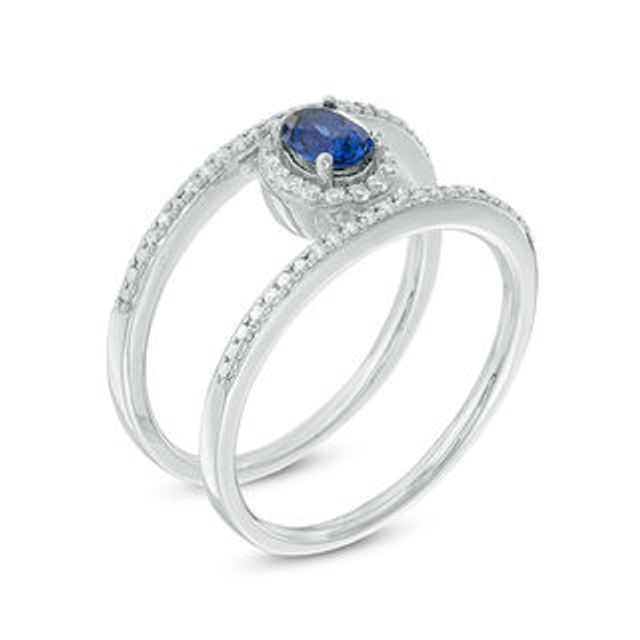 Oval Lab-Created Blue and White Sapphire Frame Ring in Sterling Silver|Peoples Jewellers