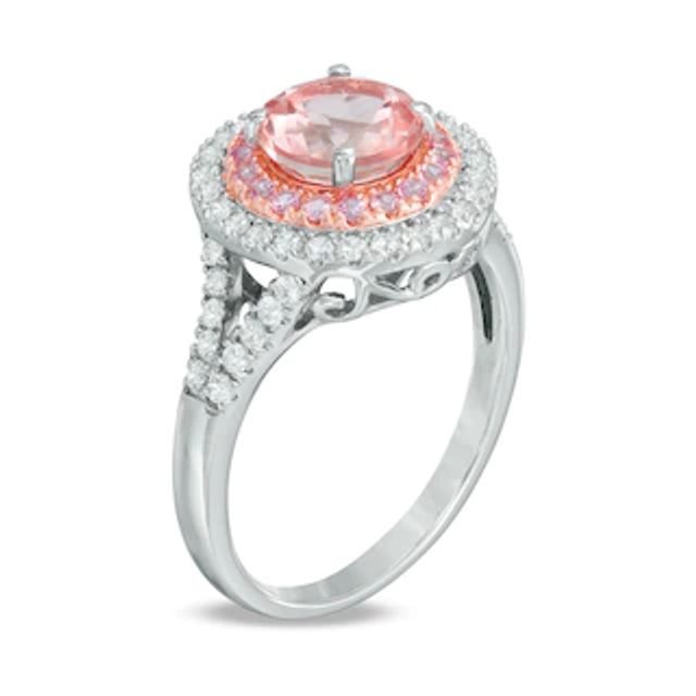 7.0mm Lab-Created Pink and White Sapphire Double Frame Ring in Sterling Silver and 14K Rose Gold Plate|Peoples Jewellers