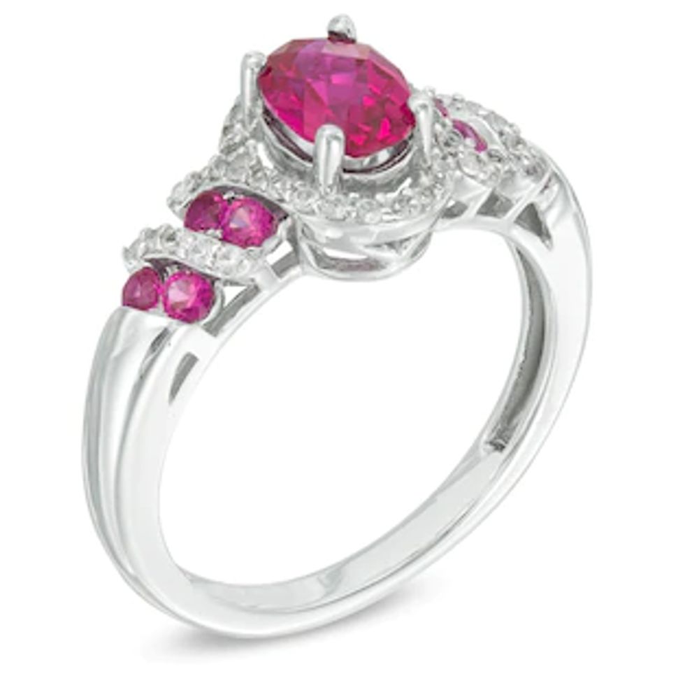 Oval Lab-Created Ruby and White Sapphire Cascading Frame Ring in 10K White Gold|Peoples Jewellers