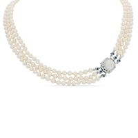 Freshwater Cultured Pearl and Cushion-Cut White Quartz Doublet Triple Strand Necklace with Sterling Silver Clasp|Peoples Jewellers