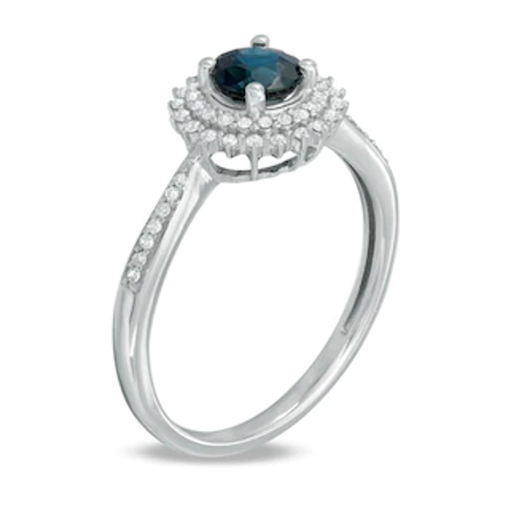 5.0mm Blue Sapphire and 0.15 CT. T.W. Diamond Sunburst Frame Ring in 10K White Gold|Peoples Jewellers