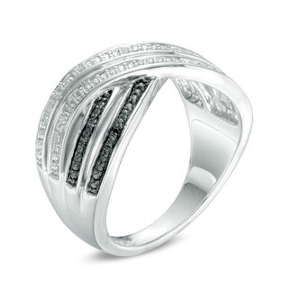 Black and White Diamond Accent Double Ribbon Crossover Ring in Sterling Silver|Peoples Jewellers