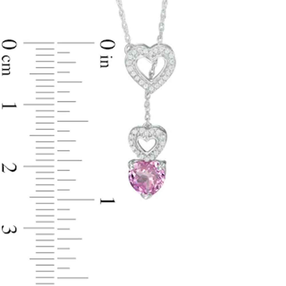 6.0mm Lab-Created Pink Sapphire and 0.11 CT. T.W. Diamond Heart Lariat Necklace in Sterling Silver|Peoples Jewellers