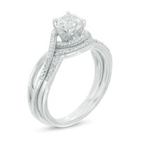 5.5mm White Lab-Created Sapphire and 0.08 CT. T.W. Diamond Swirl Frame Bridal Set in Sterling Silver|Peoples Jewellers