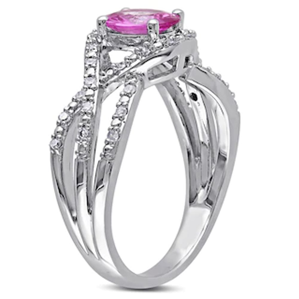 Oval Pink Sapphire and 0.15 CT. T.W. Diamond Crossover Ring in 10K White Gold|Peoples Jewellers