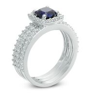 5.0mm Cushion-Cut Lab-Created Blue and White Sapphire Frame Three Piece Bridal Set in Sterling Silver|Peoples Jewellers