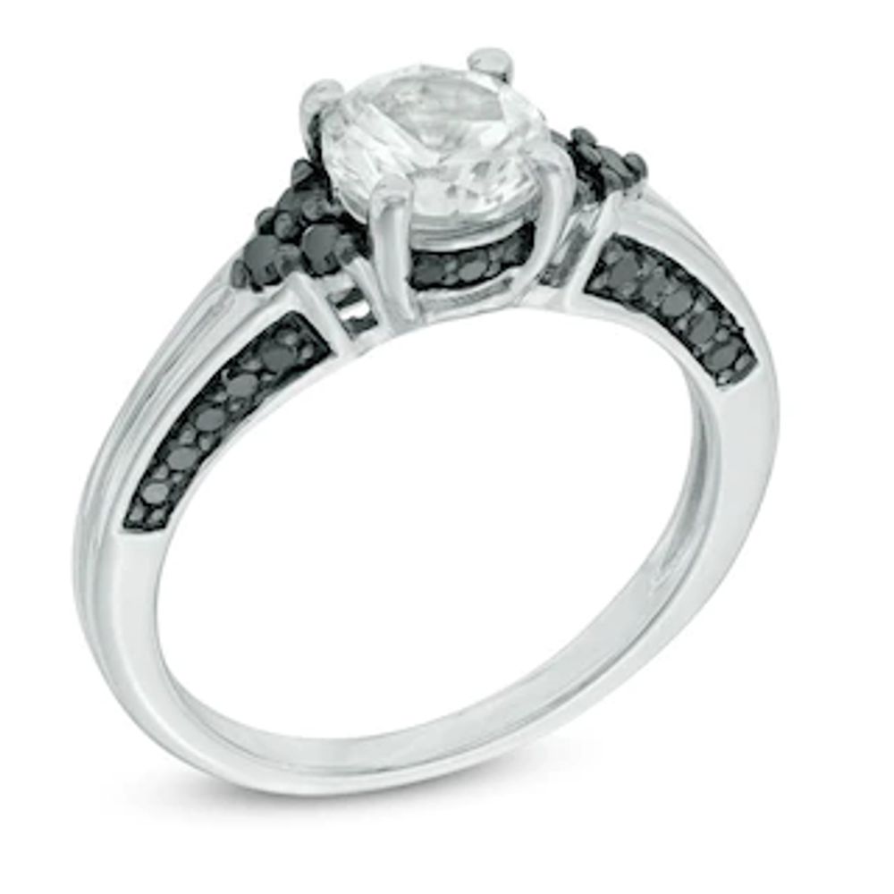 6.5mm Lab-Created White Sapphire and 0.56 CT. T.W. Black Diamond Tri-Sides Bridal Set in Sterling Silver|Peoples Jewellers