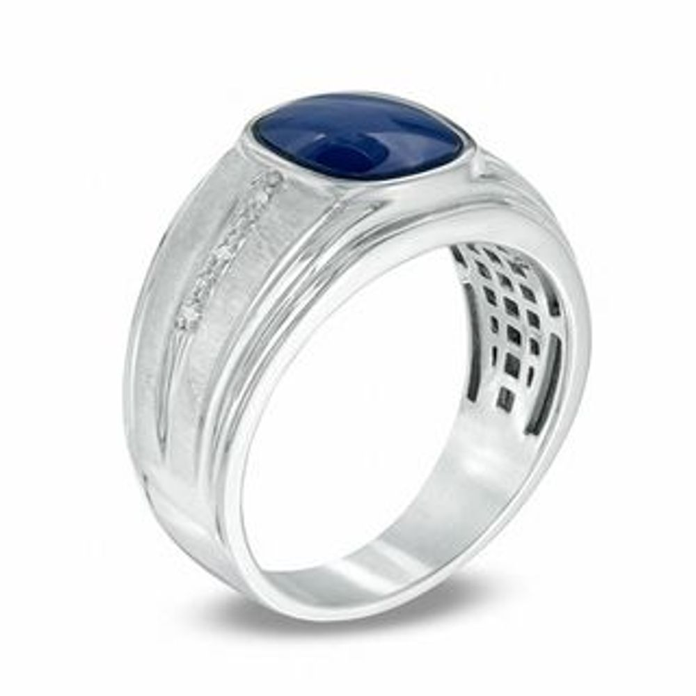 Men's Cushion-Cut Simulated Blue Star Glass and Diamond Accent Ring in 10K White Gold|Peoples Jewellers